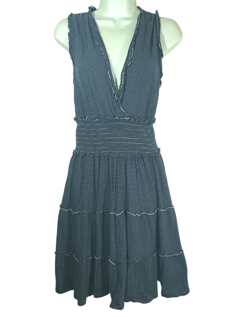 Max Studio Navy and White Striped V-Neck Tiered Midi Dress